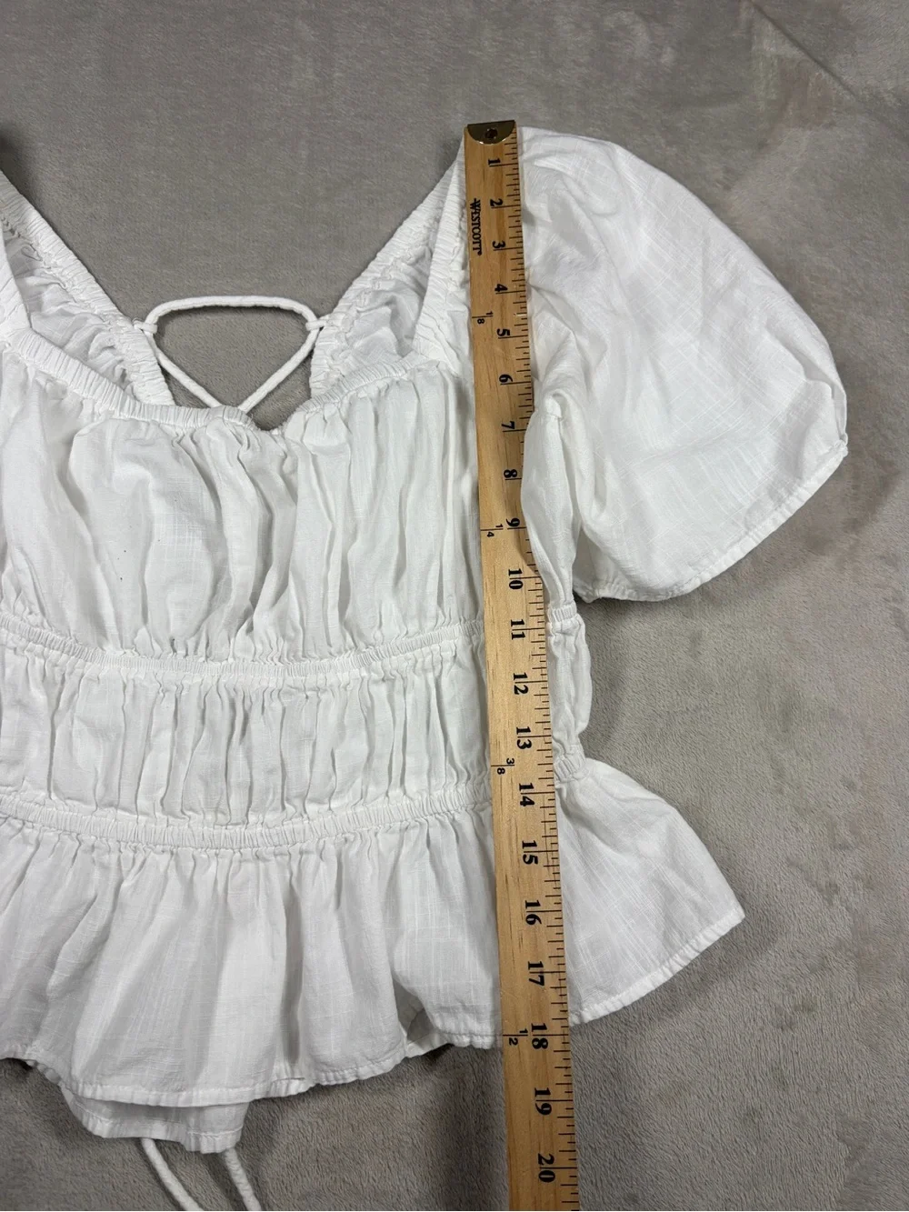 Free People White 100% Cotton Cropped Puff Sleeve Lace Up Blouse Top Size Large